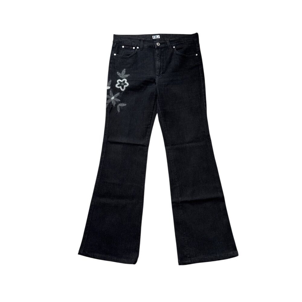 Byblos Blu Womens Black Flared Jeans Size 36 With Floral Embroidery Detail 81% C